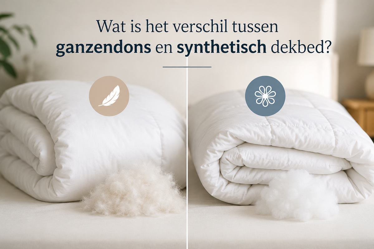 Wat is het verschil tussen ganzendons en synthetisch dekbed. Links een opgerold dekbed met een pluk ganzendons ervoor, rechts een opgerold dekbed met synthetische vezelvulling.